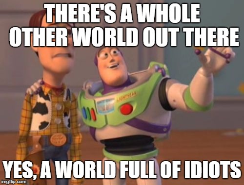 X, X Everywhere Meme | THERE'S A WHOLE OTHER WORLD OUT THERE YES, A WORLD FULL OF IDIOTS | image tagged in memes,x x everywhere | made w/ Imgflip meme maker