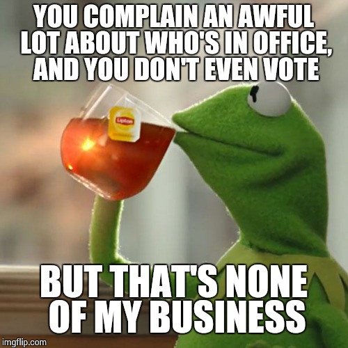 But That's None Of My Business Meme | YOU COMPLAIN AN AWFUL LOT ABOUT WHO'S IN OFFICE, AND YOU DON'T EVEN VOTE BUT THAT'S NONE OF MY BUSINESS | image tagged in memes,but thats none of my business,kermit the frog | made w/ Imgflip meme maker