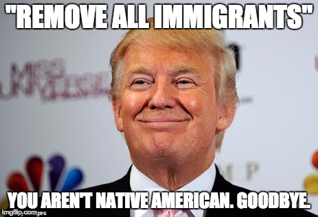 Donald trump approves | "REMOVE ALL IMMIGRANTS" YOU AREN'T NATIVE AMERICAN. GOODBYE. | image tagged in donald trump approves | made w/ Imgflip meme maker