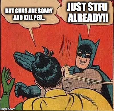 Batman Slapping Robin Meme | BUT GUNS ARE SCARY AND KILL PEO... JUST STFU ALREADY!! | image tagged in memes,batman slapping robin | made w/ Imgflip meme maker