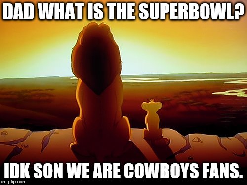 Lion King | DAD WHAT IS THE SUPERBOWL? IDK SON WE ARE COWBOYS FANS. | image tagged in memes,lion king | made w/ Imgflip meme maker