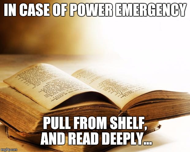 old books | IN CASE OF POWER EMERGENCY PULL FROM SHELF, AND READ DEEPLY... | image tagged in old books | made w/ Imgflip meme maker
