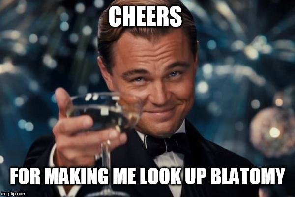 Leonardo Dicaprio Cheers Meme | CHEERS FOR MAKING ME LOOK UP BLATOMY | image tagged in memes,leonardo dicaprio cheers | made w/ Imgflip meme maker
