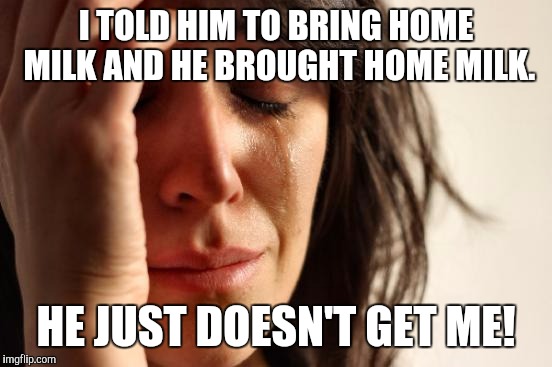Inside a woman's thoughts  | I TOLD HIM TO BRING HOME MILK AND HE BROUGHT HOME MILK. HE JUST DOESN'T GET ME! | image tagged in memes,first world problems,women,thoroughly modern marriage | made w/ Imgflip meme maker