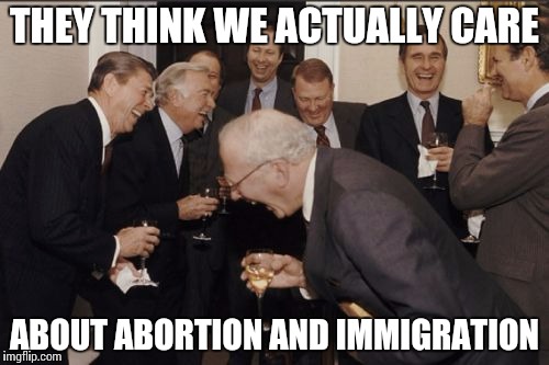 Take your pick | THEY THINK WE ACTUALLY CARE ABOUT ABORTION AND IMMIGRATION | image tagged in memes,laughing men in suits | made w/ Imgflip meme maker