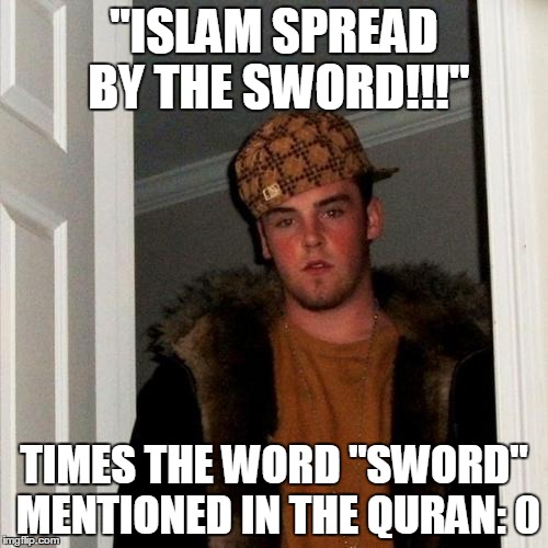 Scumbag Islam-haters | "ISLAM SPREAD BY THE SWORD!!!" TIMES THE WORD "SWORD" MENTIONED IN THE QURAN: 0 | image tagged in memes,scumbag steve,islam,spread by the sword,quran,koran | made w/ Imgflip meme maker