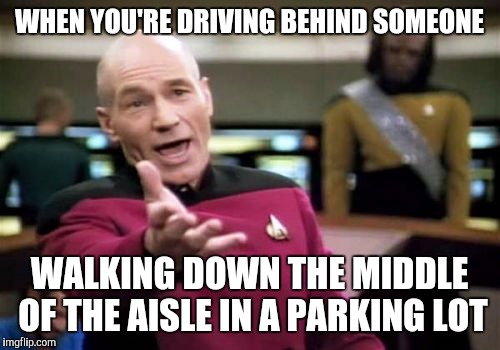 Picard Wtf Meme | WHEN YOU'RE DRIVING BEHIND SOMEONE WALKING DOWN THE MIDDLE OF THE AISLE IN A PARKING LOT | image tagged in memes,picard wtf | made w/ Imgflip meme maker