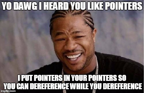 Yo Dawg Heard You Meme | YO DAWG I HEARD YOU LIKE POINTERS I PUT POINTERS IN YOUR POINTERS SO YOU CAN DEREFERENCE WHILE YOU DEREFERENCE | image tagged in memes,yo dawg heard you | made w/ Imgflip meme maker