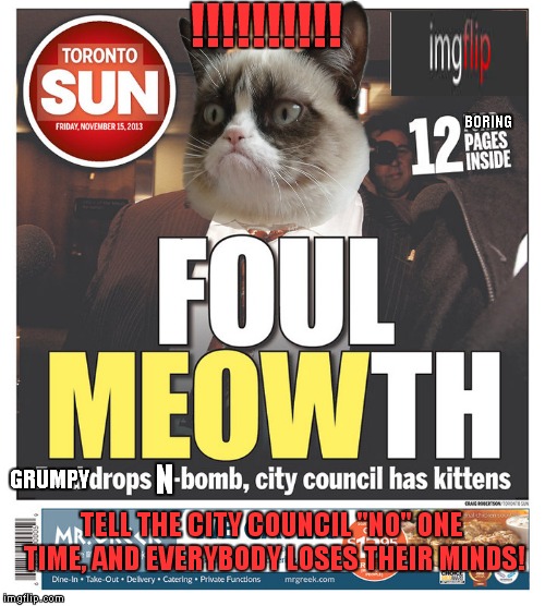 Grumpy cat makes the front page! | !!!!!!!!!! BORING GRUMPY N TELL THE CITY COUNCIL "NO" ONE TIME, AND EVERYBODY LOSES THEIR MINDS! | image tagged in grumpy cat,news,funny,oh no | made w/ Imgflip meme maker