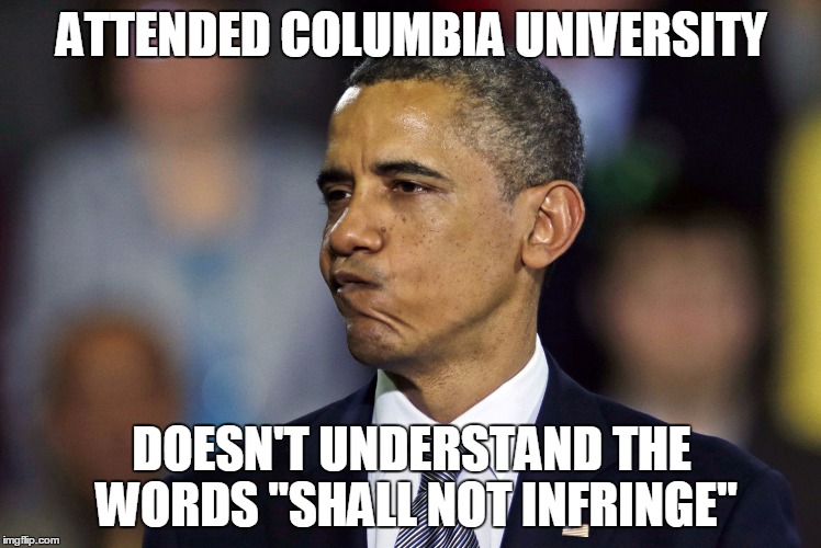 Confused Obama | ATTENDED COLUMBIA UNIVERSITY DOESN'T UNDERSTAND THE WORDS "SHALL NOT INFRINGE" | image tagged in confused obama,obozo,idiot,moron,sucks,uneducated | made w/ Imgflip meme maker