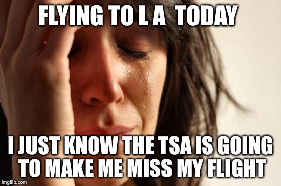 First World Problems Meme | FLYING TO L A  TODAY I JUST KNOW THE TSA IS GOING TO MAKE ME MISS MY FLIGHT | image tagged in memes,first world problems | made w/ Imgflip meme maker