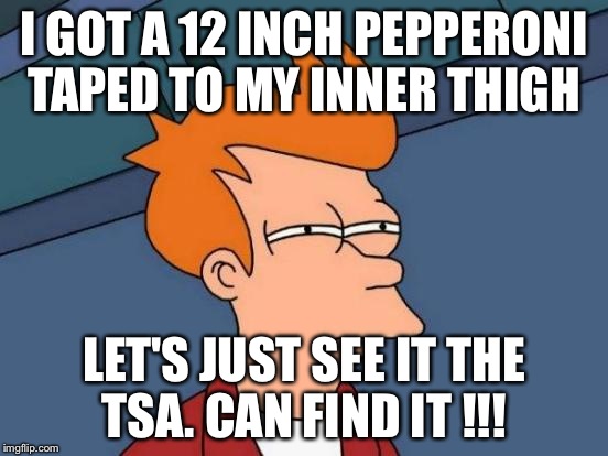 Futurama Fry | I GOT A 12 INCH PEPPERONI  TAPED TO MY INNER THIGH LET'S JUST SEE IT THE TSA. CAN FIND IT !!! | image tagged in memes,futurama fry | made w/ Imgflip meme maker