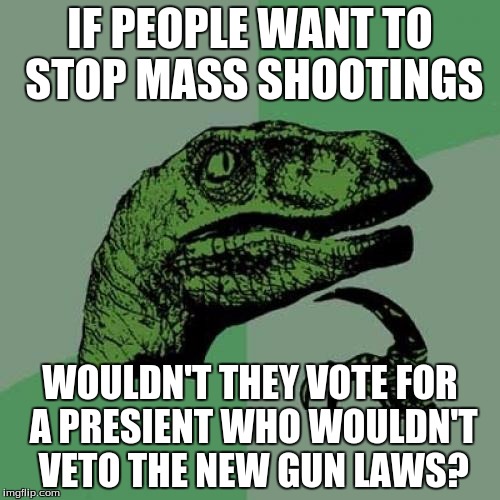 Philosoraptor | IF PEOPLE WANT TO STOP MASS SHOOTINGS WOULDN'T THEY VOTE FOR A PRESIENT WHO WOULDN'T VETO THE NEW GUN LAWS? | image tagged in memes,philosoraptor | made w/ Imgflip meme maker