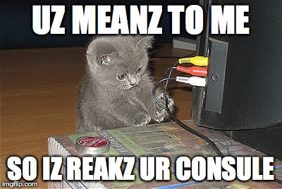 UZ MEANZ TO ME SO IZ REAKZ UR CONSULE | image tagged in cats,cute cat | made w/ Imgflip meme maker