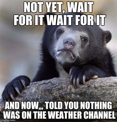 Confession Bear | NOT YET, WAIT FOR IT WAIT FOR IT AND NOW,,, TOLD YOU NOTHING WAS ON THE WEATHER CHANNEL | image tagged in memes,confession bear | made w/ Imgflip meme maker