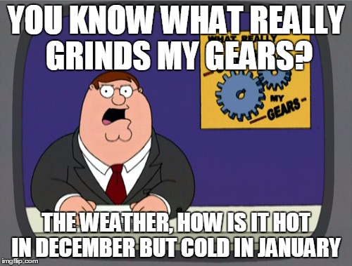 Peter Griffin News Meme | YOU KNOW WHAT REALLY GRINDS MY GEARS? THE WEATHER, HOW IS IT HOT IN DECEMBER BUT COLD IN JANUARY | image tagged in memes,peter griffin news | made w/ Imgflip meme maker