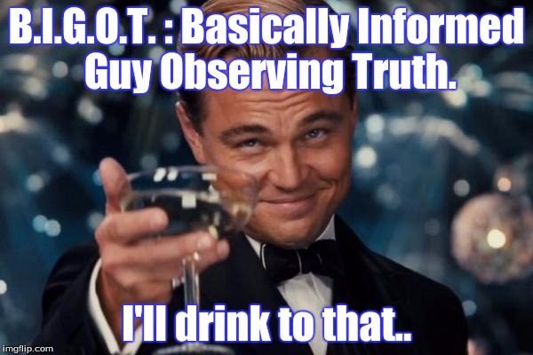 Leonardo Dicaprio Cheers | B.I.G.O.T. : Basically Informed Guy Observing Truth. I'll drink to that.. | image tagged in memes,leonardo dicaprio cheers,politics | made w/ Imgflip meme maker