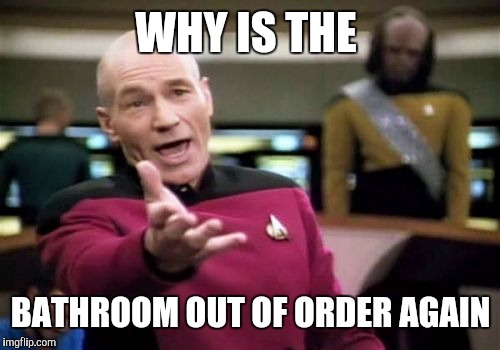 Picard Wtf Meme | WHY IS THE BATHROOM OUT OF ORDER AGAIN | image tagged in memes,picard wtf | made w/ Imgflip meme maker