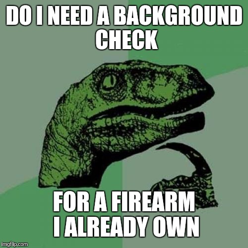 Philosoraptor Meme | DO I NEED A BACKGROUND CHECK FOR A FIREARM I ALREADY OWN | image tagged in memes,philosoraptor | made w/ Imgflip meme maker