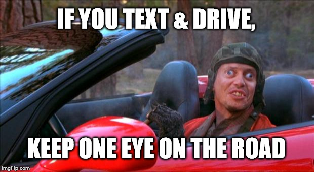 stay safe my friends | IF YOU TEXT & DRIVE, KEEP ONE EYE ON THE ROAD | image tagged in buscemi,eyes | made w/ Imgflip meme maker