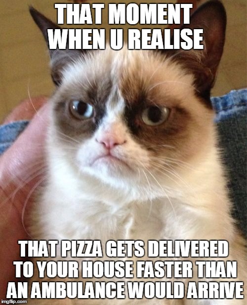 Grumpy Cat | THAT MOMENT WHEN U REALISE THAT PIZZA GETS DELIVERED TO YOUR HOUSE FASTER THAN AN AMBULANCE WOULD ARRIVE | image tagged in memes,grumpy cat | made w/ Imgflip meme maker