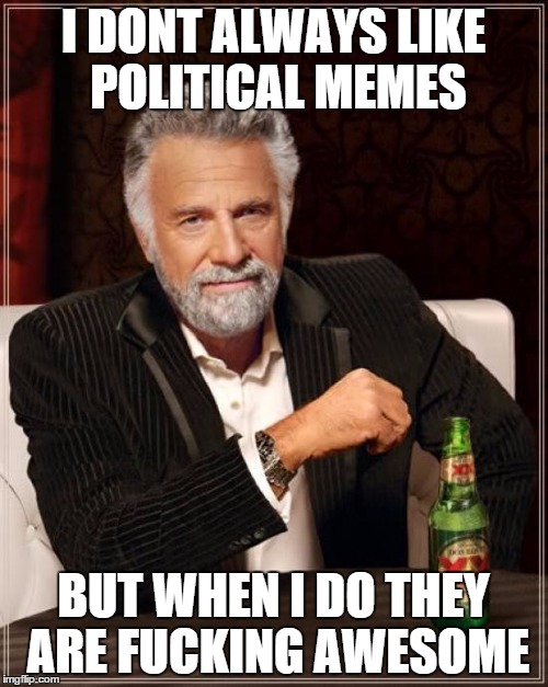 The Most Interesting Man In The World Meme | I DONT ALWAYS LIKE POLITICAL MEMES BUT WHEN I DO THEY ARE F**KING AWESOME | image tagged in memes,the most interesting man in the world | made w/ Imgflip meme maker