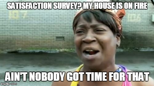 Ain't Nobody Got Time For That | SATISFACTION SURVEY? MY HOUSE IS ON FIRE AIN'T NOBODY GOT TIME FOR THAT | image tagged in memes,aint nobody got time for that | made w/ Imgflip meme maker