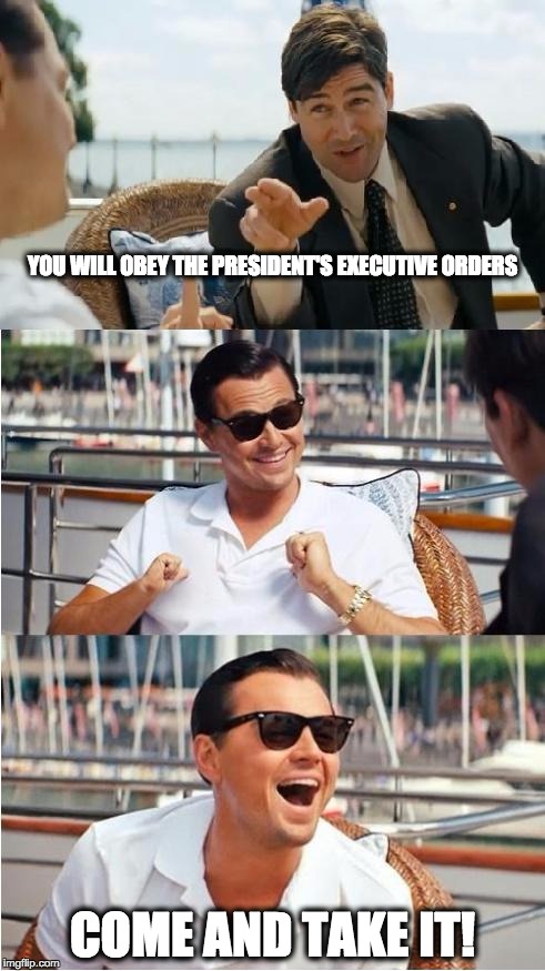 Leonardo Dicaprio Wolf Of Wall Street V2 | YOU WILL OBEY THE PRESIDENT'S EXECUTIVE ORDERS COME AND TAKE IT! | image tagged in leonardo dicaprio wolf of wall street v2 | made w/ Imgflip meme maker