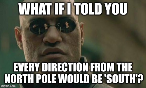 Matrix Morpheus Meme | WHAT IF I TOLD YOU EVERY DIRECTION FROM THE NORTH POLE WOULD BE 'SOUTH'? | image tagged in memes,matrix morpheus | made w/ Imgflip meme maker