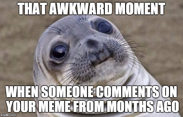 this just happened | THAT AWKWARD MOMENT WHEN SOMEONE COMMENTS ON YOUR MEME FROM MONTHS AGO | image tagged in memes,awkward moment sealion | made w/ Imgflip meme maker