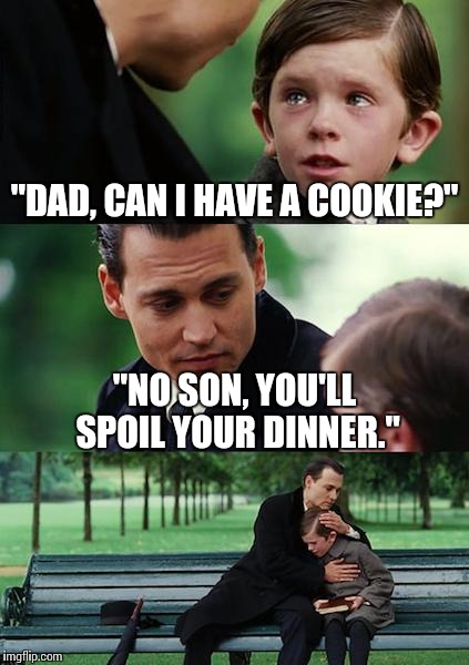 Finding Neverland | "DAD, CAN I HAVE A COOKIE?" "NO SON, YOU'LL SPOIL YOUR DINNER." | image tagged in memes,finding neverland | made w/ Imgflip meme maker