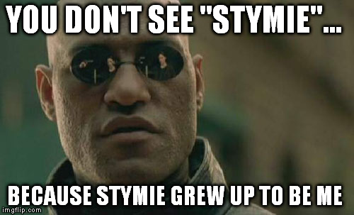 Matrix Morpheus Meme | YOU DON'T SEE "STYMIE"... BECAUSE STYMIE GREW UP TO BE ME | image tagged in memes,matrix morpheus | made w/ Imgflip meme maker