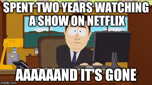 stupid Futurama... | SPENT TWO YEARS WATCHING A SHOW ON NETFLIX AAAAAAND IT'S GONE | image tagged in memes,aaaaand its gone,futurama,netflix | made w/ Imgflip meme maker