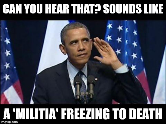 well regulated militia forgot to bring snacks? | CAN YOU HEAR THAT? SOUNDS LIKE A 'MILITIA' FREEZING TO DEATH | image tagged in militia,oregon,obama | made w/ Imgflip meme maker