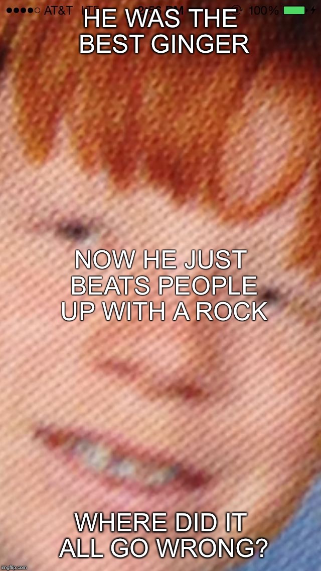 HE WAS THE BEST GINGER WHERE DID IT ALL GO WRONG? NOW HE JUST BEATS PEOPLE UP WITH A ROCK | image tagged in the best ginger | made w/ Imgflip meme maker