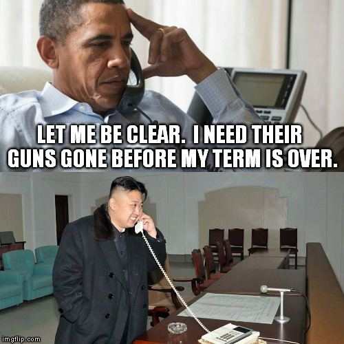 Obama calls Kim for advice | LET ME BE CLEAR.  I NEED THEIR GUNS GONE BEFORE MY TERM IS OVER. | image tagged in obama and kim,politics | made w/ Imgflip meme maker