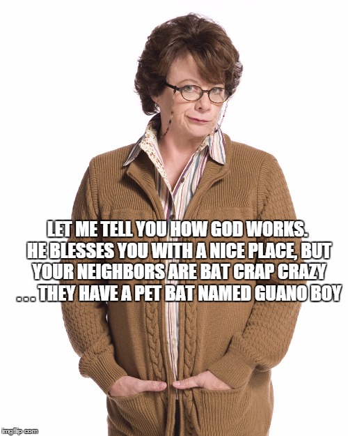 Peggy Biggs "Let me tell you how God works." | LET ME TELL YOU HOW GOD WORKS. HE BLESSES YOU WITH A NICE PLACE, BUT YOUR NEIGHBORS ARE BAT CRAP CRAZY . . . THEY HAVE A PET BAT NAMED GUANO | image tagged in peggy biggs let me tell you how god works,mike and molly,funny,neighbors,god | made w/ Imgflip meme maker