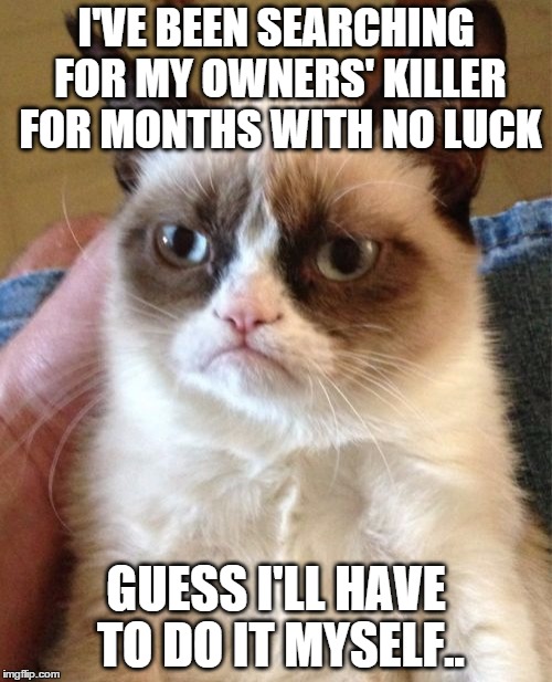 Grumpy Cat | I'VE BEEN SEARCHING FOR MY OWNERS' KILLER FOR MONTHS WITH NO LUCK GUESS I'LL HAVE TO DO IT MYSELF.. | image tagged in memes,grumpy cat | made w/ Imgflip meme maker