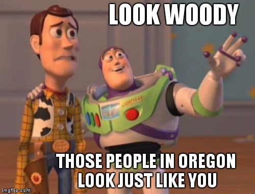 X, X Everywhere | LOOK WOODY THOSE PEOPLE IN OREGON LOOK JUST LIKE YOU | image tagged in memes,x x everywhere | made w/ Imgflip meme maker