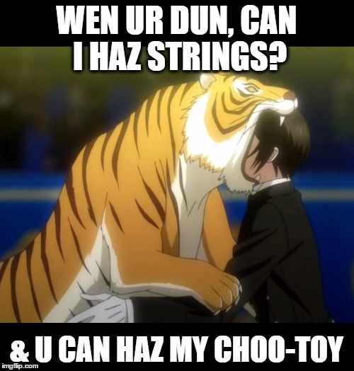 Black Butler Book of Circus Tiger | WEN UR DUN, CAN I HAZ STRINGS? & U CAN HAZ MY CHOO-TOY | image tagged in black butler book of circus tiger | made w/ Imgflip meme maker