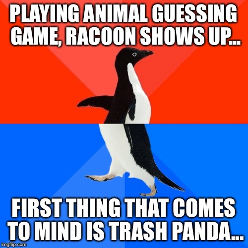I'm on imgur way too much... | PLAYING ANIMAL GUESSING GAME, RACOON SHOWS UP... FIRST THING THAT COMES TO MIND IS TRASH PANDA... | image tagged in memes,socially awesome awkward penguin | made w/ Imgflip meme maker