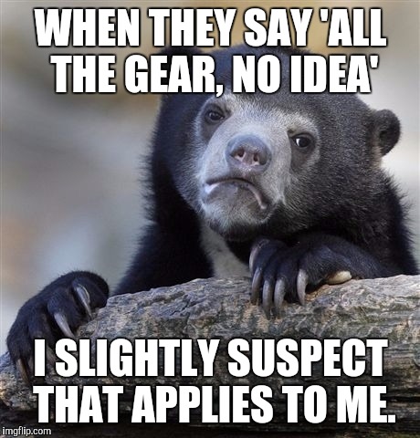 Confession Bear Meme | WHEN THEY SAY 'ALL THE GEAR, NO IDEA' I SLIGHTLY SUSPECT THAT APPLIES TO ME. | image tagged in memes,confession bear | made w/ Imgflip meme maker