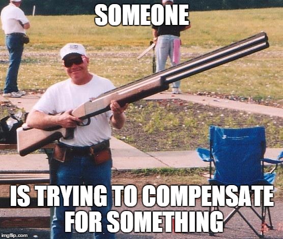Big gun | SOMEONE IS TRYING TO COMPENSATE FOR SOMETHING | image tagged in big gun | made w/ Imgflip meme maker