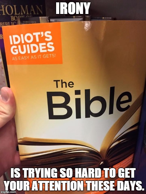 idiots_guide_bible | IRONY IS TRYING SO HARD TO GET YOUR ATTENTION THESE DAYS. | image tagged in idiots_guide_bible | made w/ Imgflip meme maker