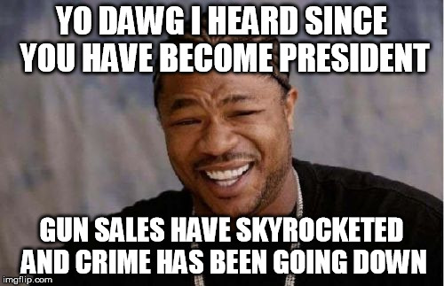 Yo Dawg Heard You Meme | YO DAWG I HEARD SINCE YOU HAVE BECOME PRESIDENT GUN SALES HAVE SKYROCKETED AND CRIME HAS BEEN GOING DOWN | image tagged in memes,yo dawg heard you | made w/ Imgflip meme maker