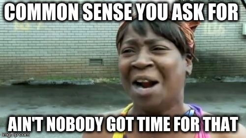 Ain't Nobody Got Time For That | COMMON SENSE YOU ASK FOR AIN'T NOBODY GOT TIME FOR THAT | image tagged in memes,aint nobody got time for that | made w/ Imgflip meme maker