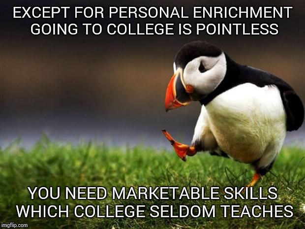 Unpopular Opinion Puffin Meme | EXCEPT FOR PERSONAL ENRICHMENT GOING TO COLLEGE IS POINTLESS YOU NEED MARKETABLE SKILLS WHICH COLLEGE SELDOM TEACHES | image tagged in memes,unpopular opinion puffin | made w/ Imgflip meme maker