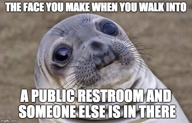 Awkward Moment Sealion | THE FACE YOU MAKE WHEN YOU WALK INTO A PUBLIC RESTROOM AND SOMEONE ELSE IS IN THERE | image tagged in memes,awkward moment sealion | made w/ Imgflip meme maker