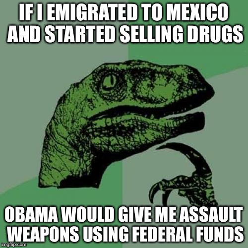 Philosoraptor Meme | IF I EMIGRATED TO MEXICO AND STARTED SELLING DRUGS OBAMA WOULD GIVE ME ASSAULT WEAPONS USING FEDERAL FUNDS | image tagged in memes,philosoraptor | made w/ Imgflip meme maker