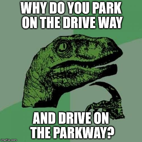 Philosoraptor Meme | WHY DO YOU PARK ON THE DRIVE WAY AND DRIVE ON THE PARKWAY? | image tagged in memes,philosoraptor | made w/ Imgflip meme maker